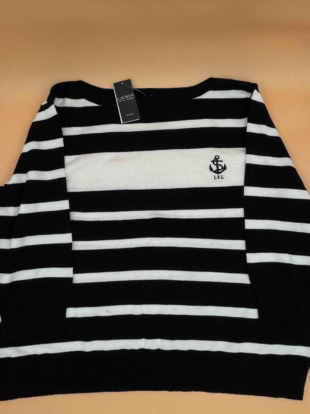 NWT Lauren Ralph Lauren Striped Anchor Knit Sweater Black Cream Plus 3X